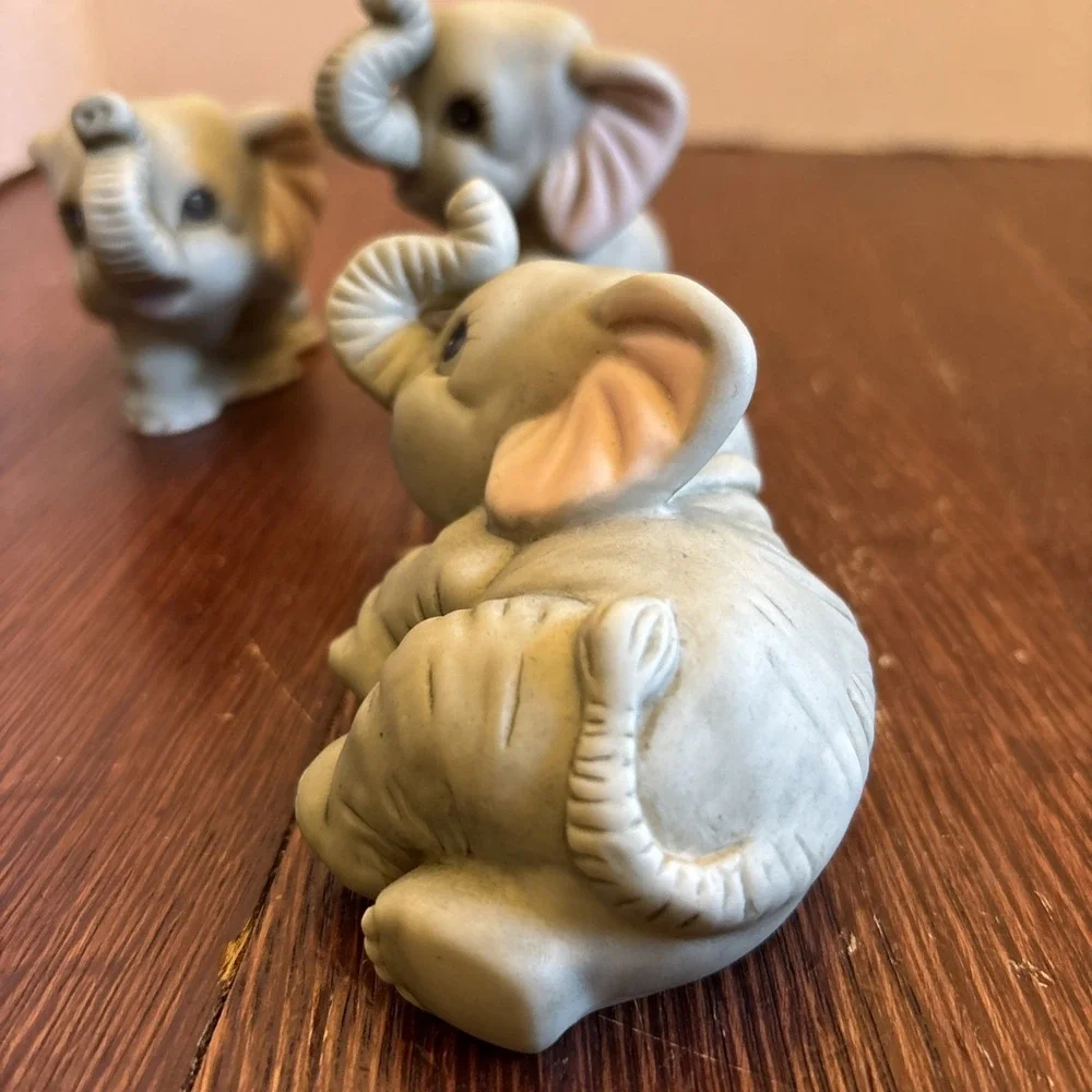 Vintage Homco Set of 3 Baby Elephant Collectible Figurines #1400 Gray Stickers